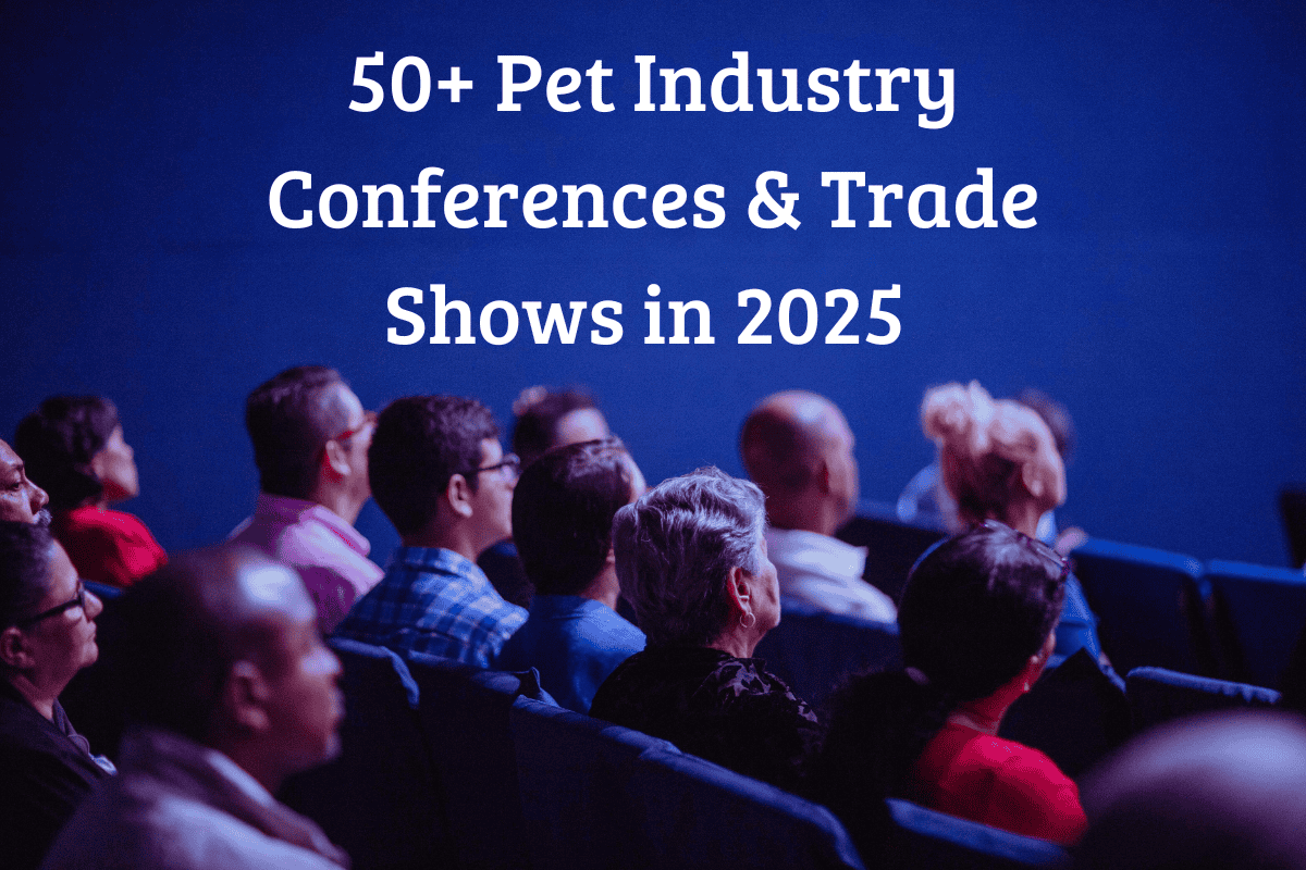 people sitting at a pet industry trade show.